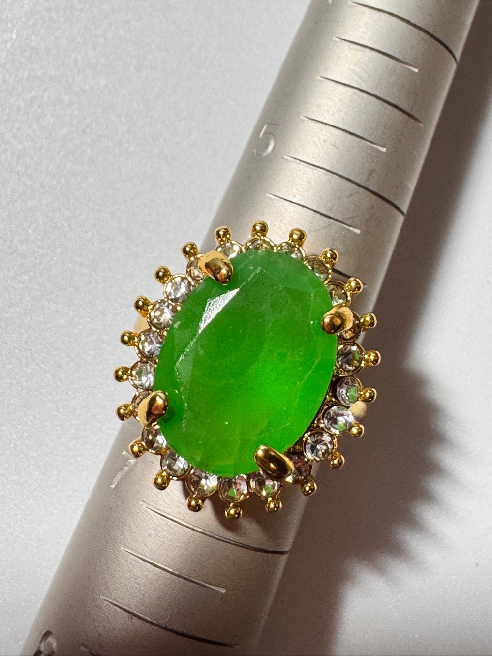 Gold-Plated Green Oval Stone Halo Ring